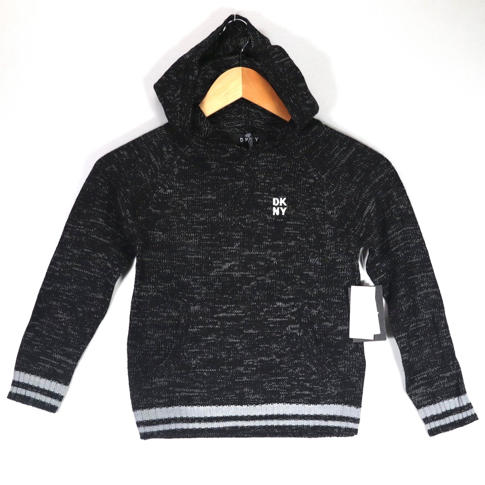 DKNY Sweater Hoodie Kids Size 6 Black Marl Knit Striped Trim Casual B40877DB